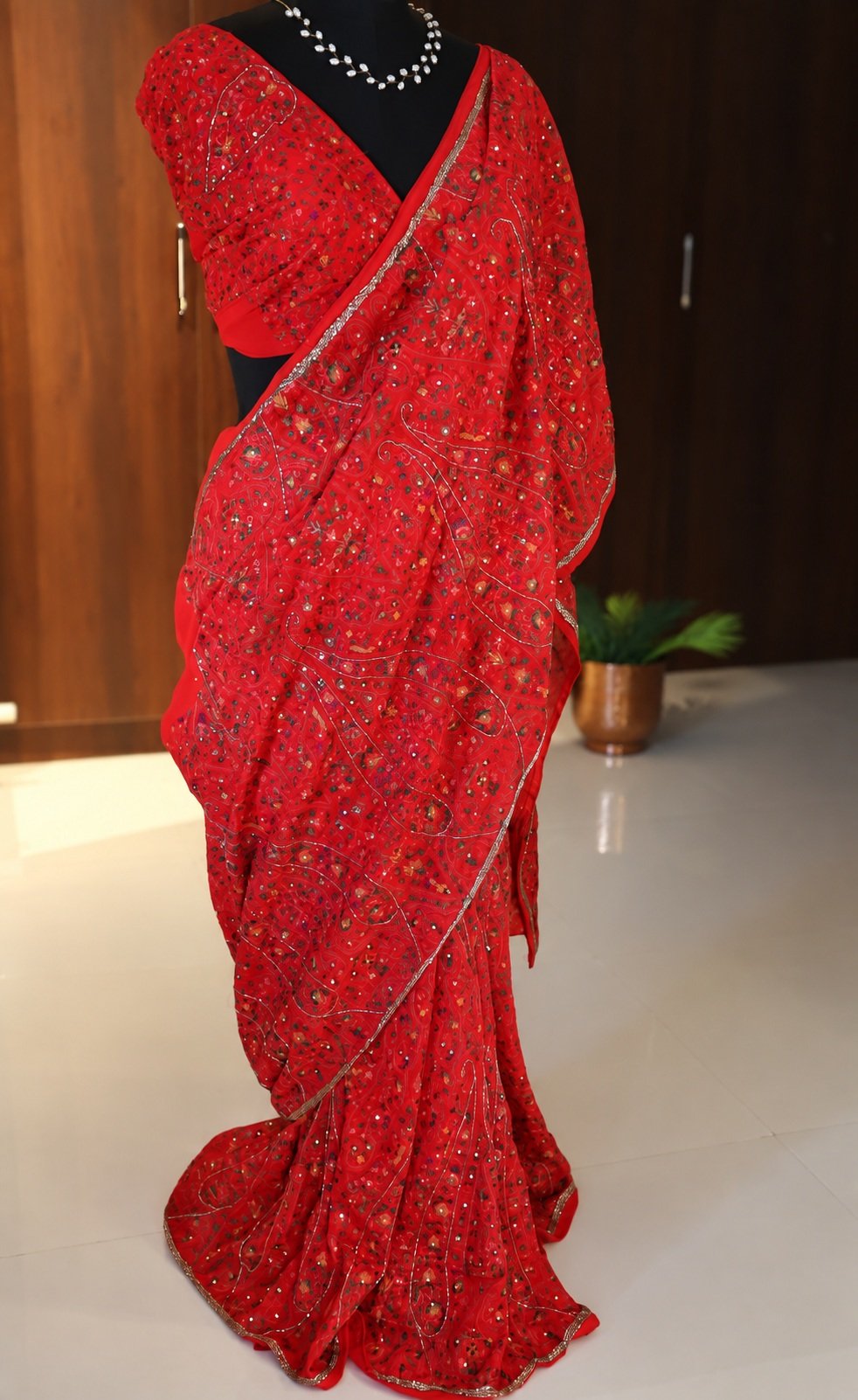 Red Pure Georgette Silk Chikankari Saree 1 Red Pure Georgette Silk Chikankari Saree full-length drape