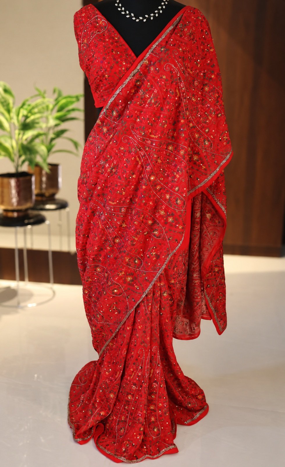 Red Pure Georgette Silk Chikankari Saree 2 Red Pure Georgette Silk Chikankari Saree front view