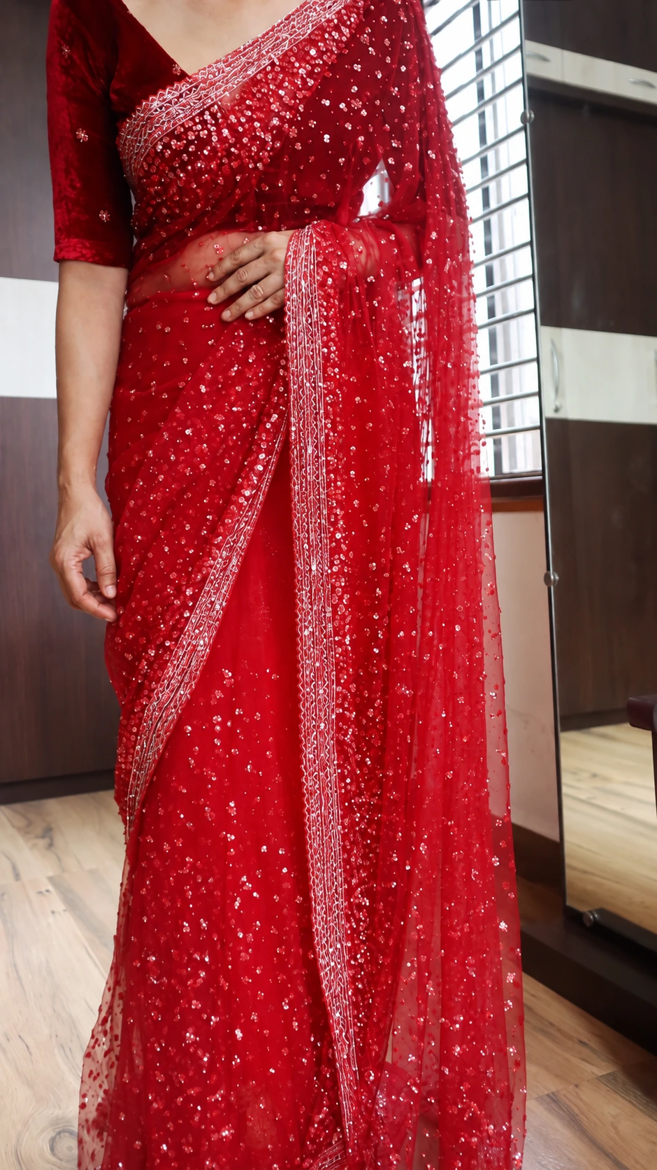 Pure Imported Net Saree with Sequins & Cutdana Handwork 8 Red pure imported net saree with sequins and cutdana hand embroidery – drape