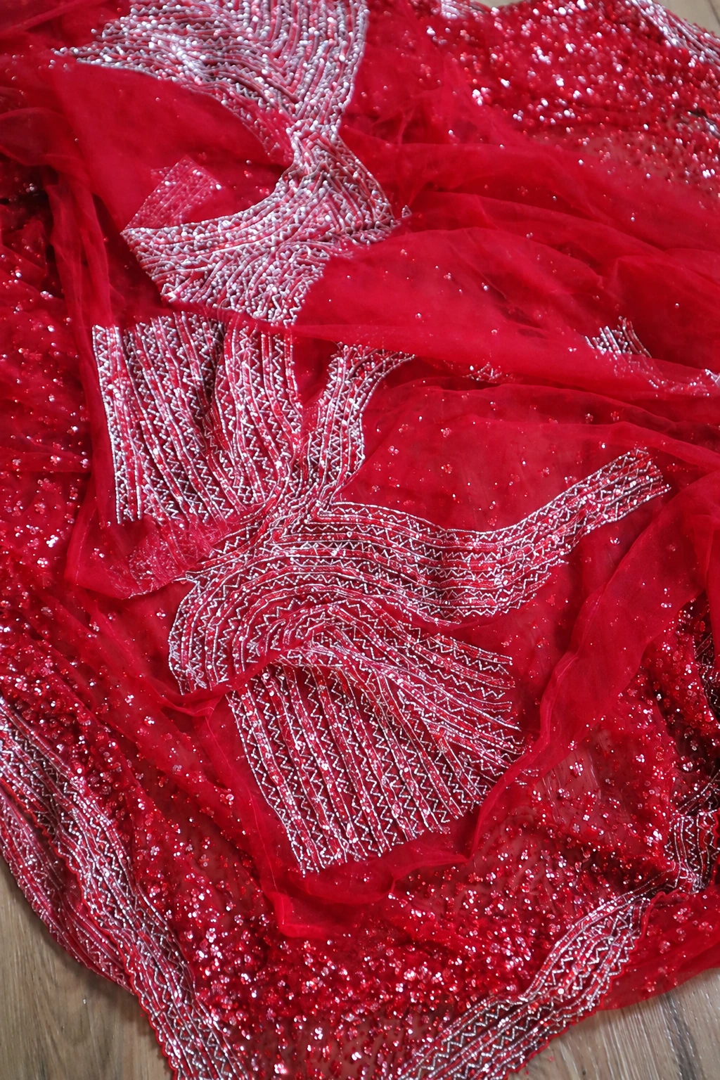 Pure Imported Net Saree with Sequins & Cutdana Handwork 9 Red pure imported net saree with sequins and cutdana hand embroidery – handwork detail