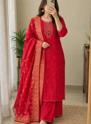 Red Soft Silk Suit Set with Banarasi Dupatta 5 Red soft silk suit set with golden sequin neckline and Banarasi woven dupatta