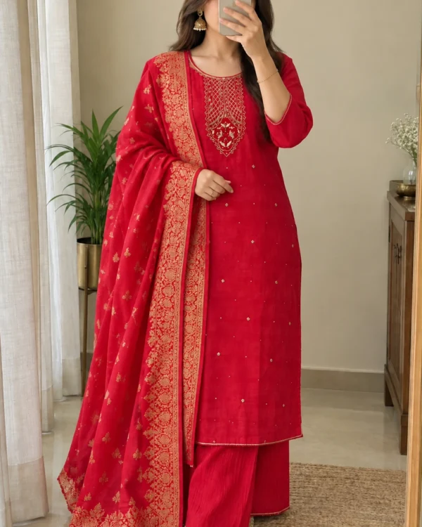Red soft silk suit set with golden sequin neckline and Banarasi woven dupatta