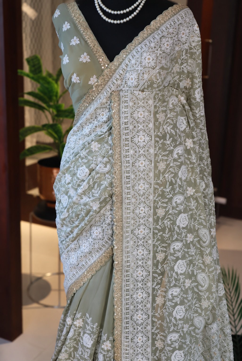 Sage Green Khaddi Georgette Silk Chikankari Saree 2 Sage Green Khaddi Georgette Silk Chikankari Saree front detail
