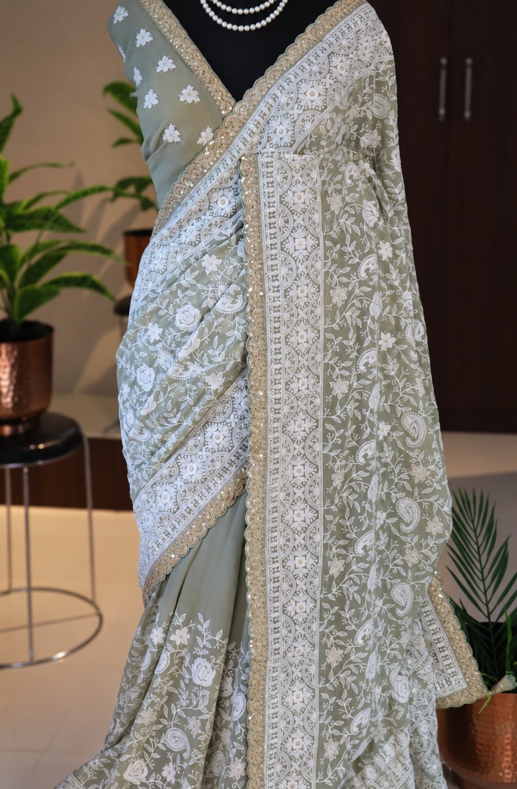 Sage Green Khaddi Georgette Silk Chikankari Saree 3 Sage Green Khaddi Georgette Silk Chikankari Saree pallu view