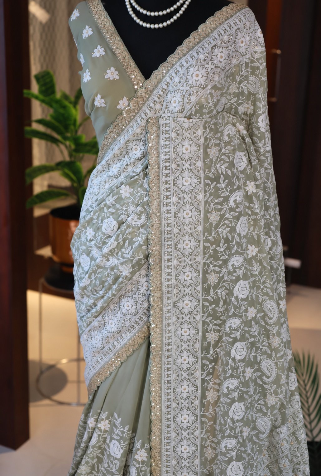 Sage Green Khaddi Georgette Silk Chikankari Saree 5 Sage Green Khaddi Georgette Silk Chikankari Saree lace border detail