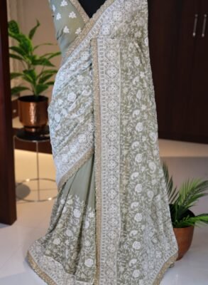 Sage Green Khaddi Georgette Silk Chikankari Saree 6 Sage Green Khaddi Georgette Silk Chikankari Saree full-length drape