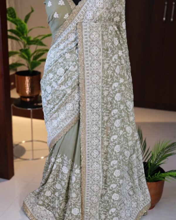 Sage Green Khaddi Georgette Silk Chikankari Saree full-length drape