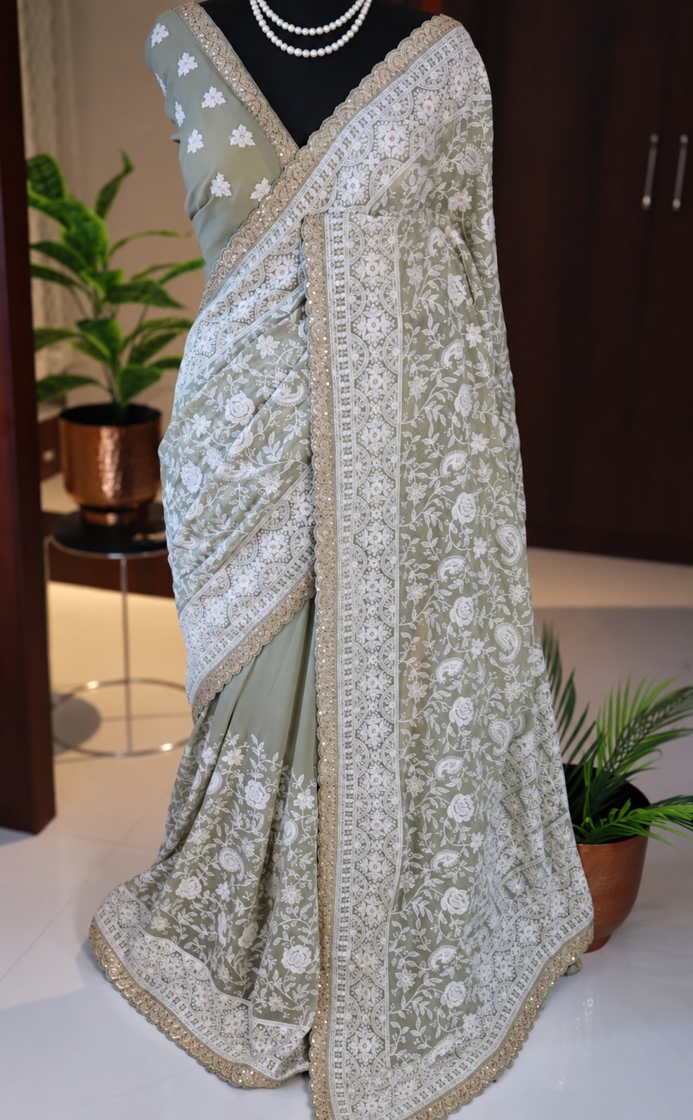 Sage Green Khaddi Georgette Silk Chikankari Saree 1 Sage Green Khaddi Georgette Silk Chikankari Saree full-length drape
