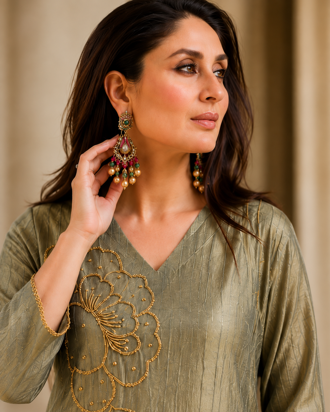 Salsa Tissue Coord Set with Beautiful Handwork and Potli 3 Salsa Tissue Coord Set close-up of V neckline and floral handwork