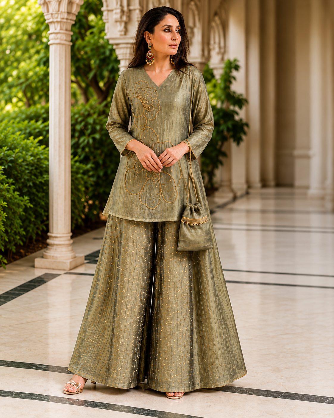 Salsa Tissue Coord Set with Beautiful Handwork and Potli 2 Salsa Tissue Coord Set full length olive handworked top and lined flared bottom