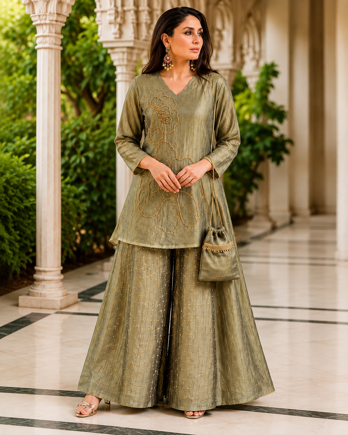 Salsa Tissue Coord Set with Beautiful Handwork and Potli 4 Salsa Tissue Coord Set outdoor view with matching potli and designer flared bottom
