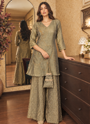 Salsa Tissue Coord Set in olive green with floral handwork flared bottom and potli