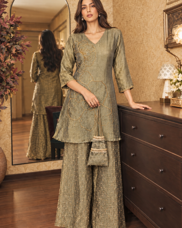 Salsa Tissue Coord Set in olive green with floral handwork flared bottom and potli
