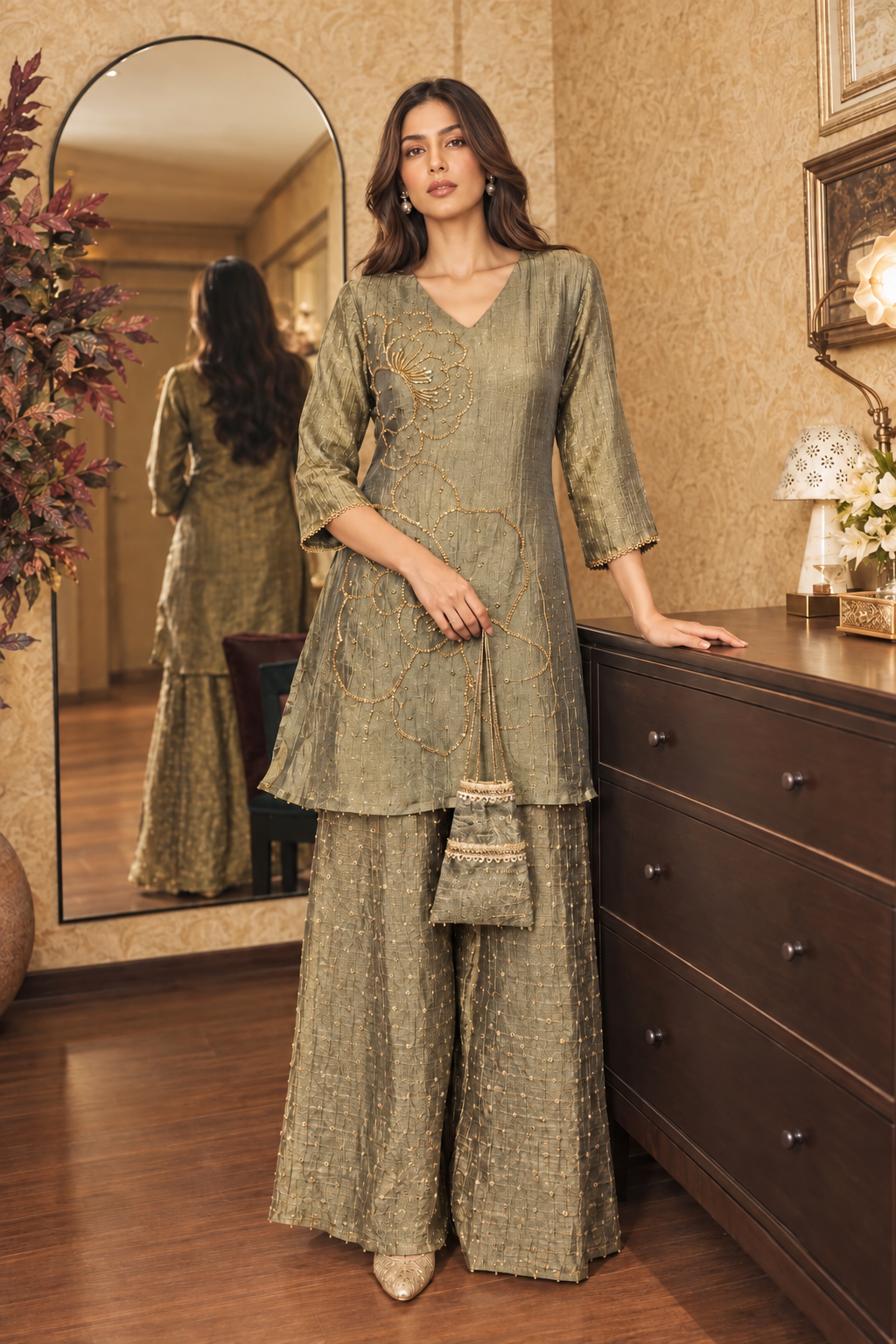 Salsa Tissue Coord Set with Beautiful Handwork and Potli 1 Salsa Tissue Coord Set in olive green with floral handwork flared bottom and potli