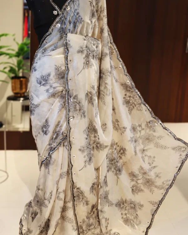 Floral satin tissue silk saree – full-length drape