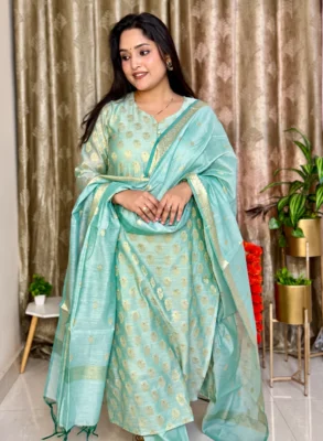 Sea Blue Banarasi Dola Silk Suit Set with Zari Weaves 10 Sea blue Banarasi Dola silk suit set with gold zari weaves