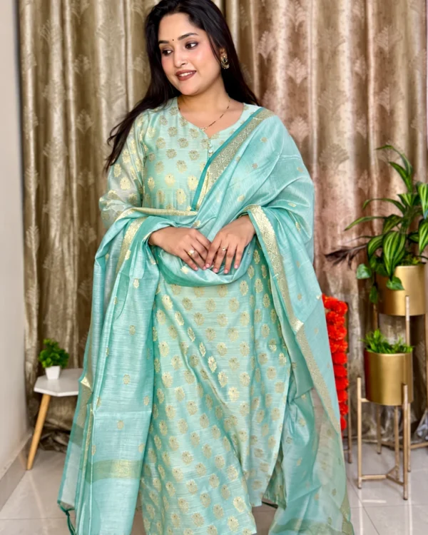 Sea blue Banarasi Dola silk suit set with gold zari weaves