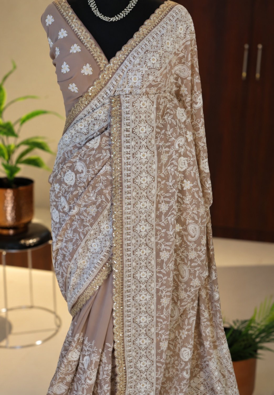 Taupe Khaddi Georgette Silk Chikankari Saree 3 Taupe Khaddi Georgette Silk Chikankari Saree front drape