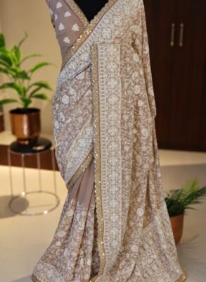 Taupe Khaddi Georgette Silk Chikankari Saree 5 Taupe Khaddi Georgette Silk Chikankari Saree full-length view