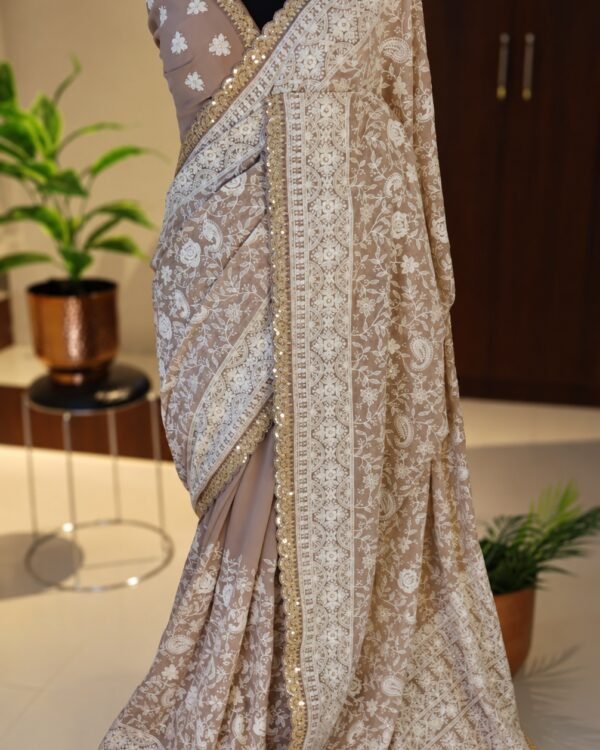Taupe Khaddi Georgette Silk Chikankari Saree full-length view
