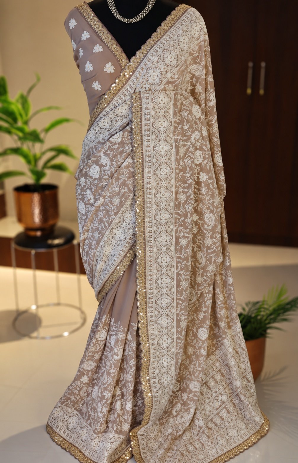 Taupe Khaddi Georgette Silk Chikankari Saree 1 Taupe Khaddi Georgette Silk Chikankari Saree full-length view