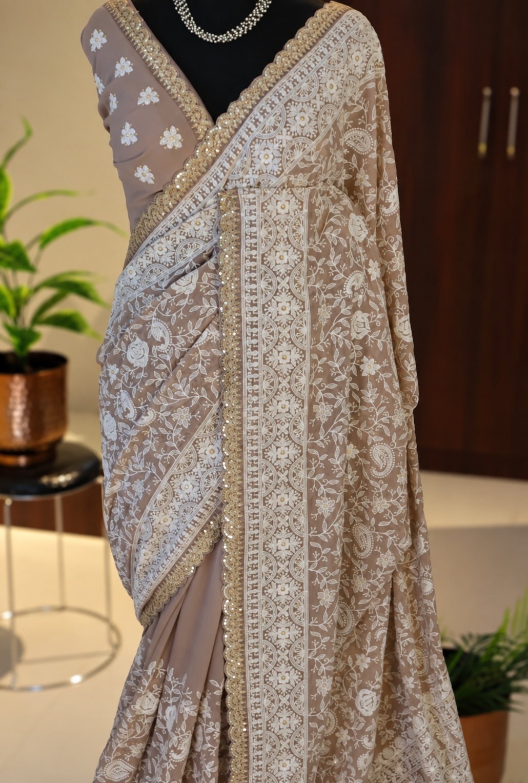 Taupe Khaddi Georgette Silk Chikankari Saree 2 Taupe Khaddi Georgette Silk Chikankari Saree full saree view