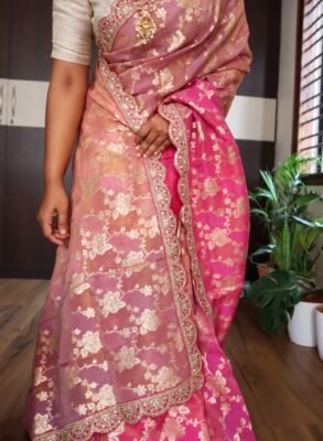 Triple Shaded Organza Silk Saree with Foil Florals 9 Triple Shaded Organza Silk Saree pink full drape with scallop handwork