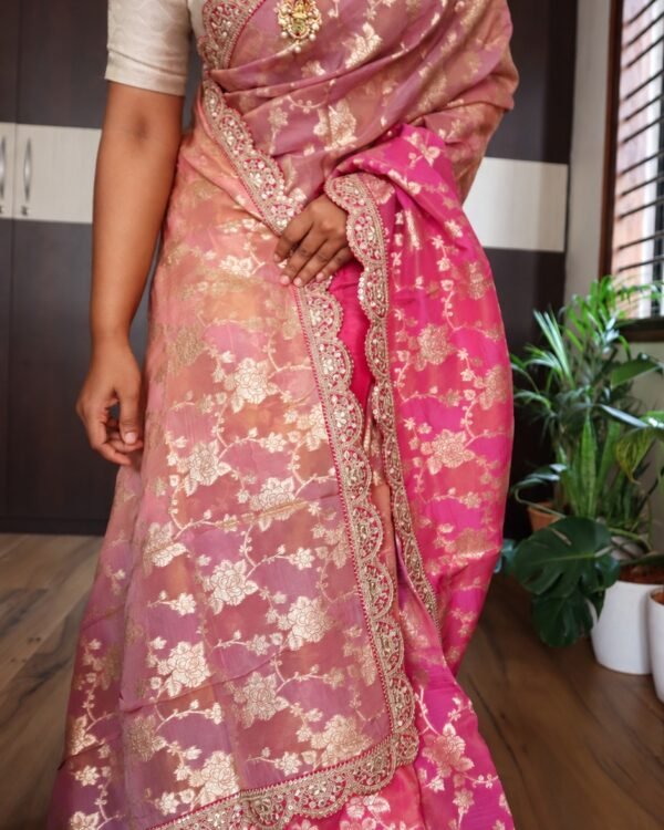 Triple Shaded Organza Silk Saree pink full drape with scallop handwork