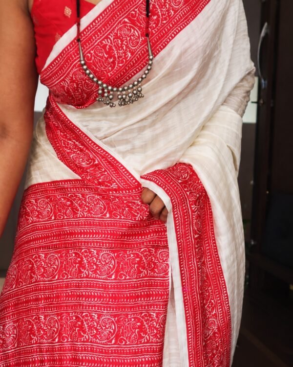 Ivory Pure Tussar Silk Kalamkari saree red border front view