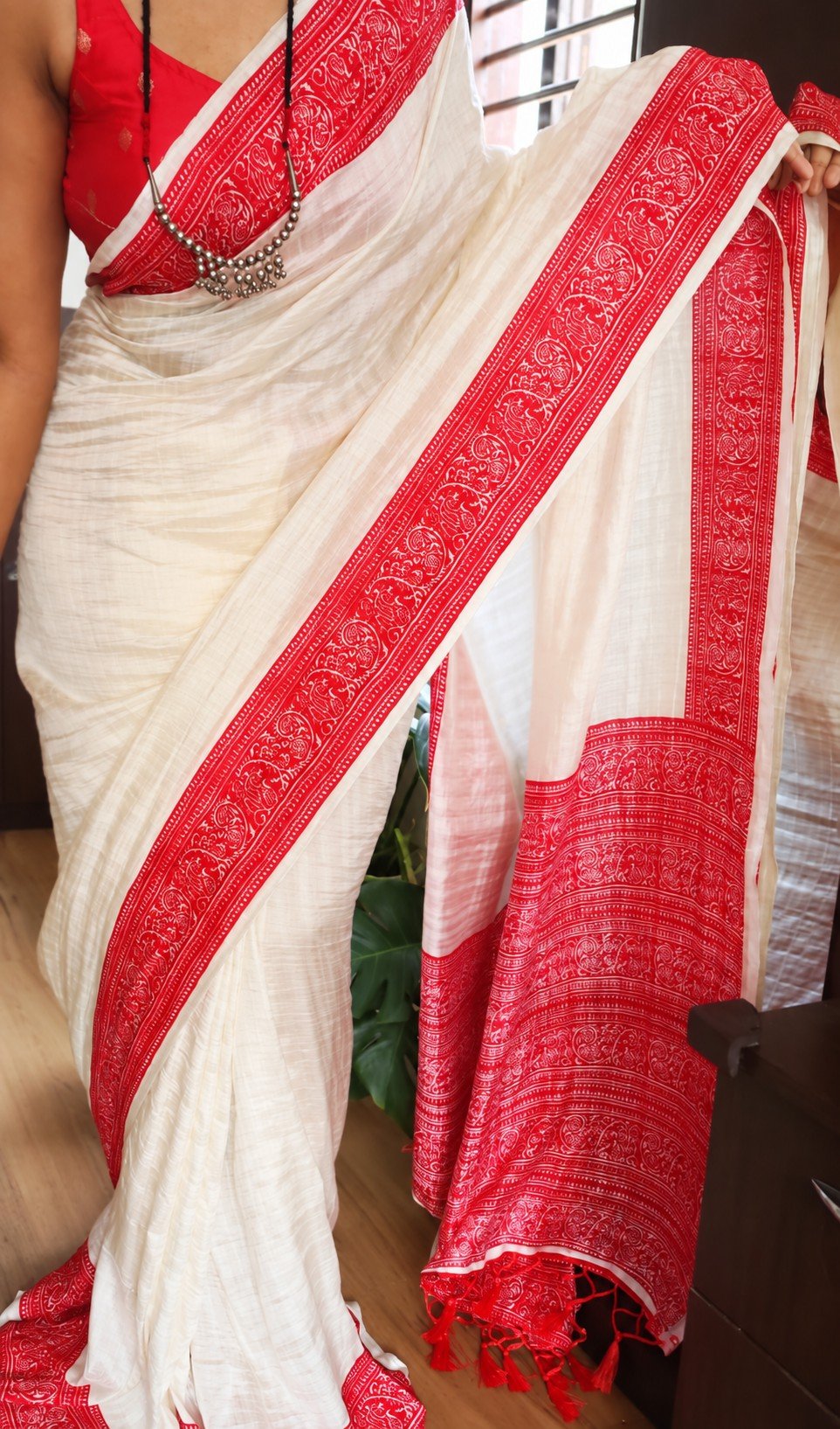 Pure Tussar Silk Kalamkari Block Print Saree 2 Ivory Pure Tussar Silk Kalamkari saree red border open pallu