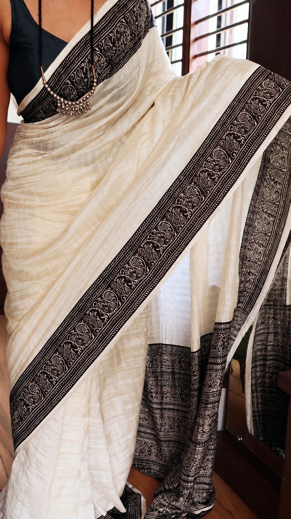 Pure Tussar Silk Kalamkari Block Print Saree 6 Ivory Pure Tussar Silk Kalamkari saree black border open pallu