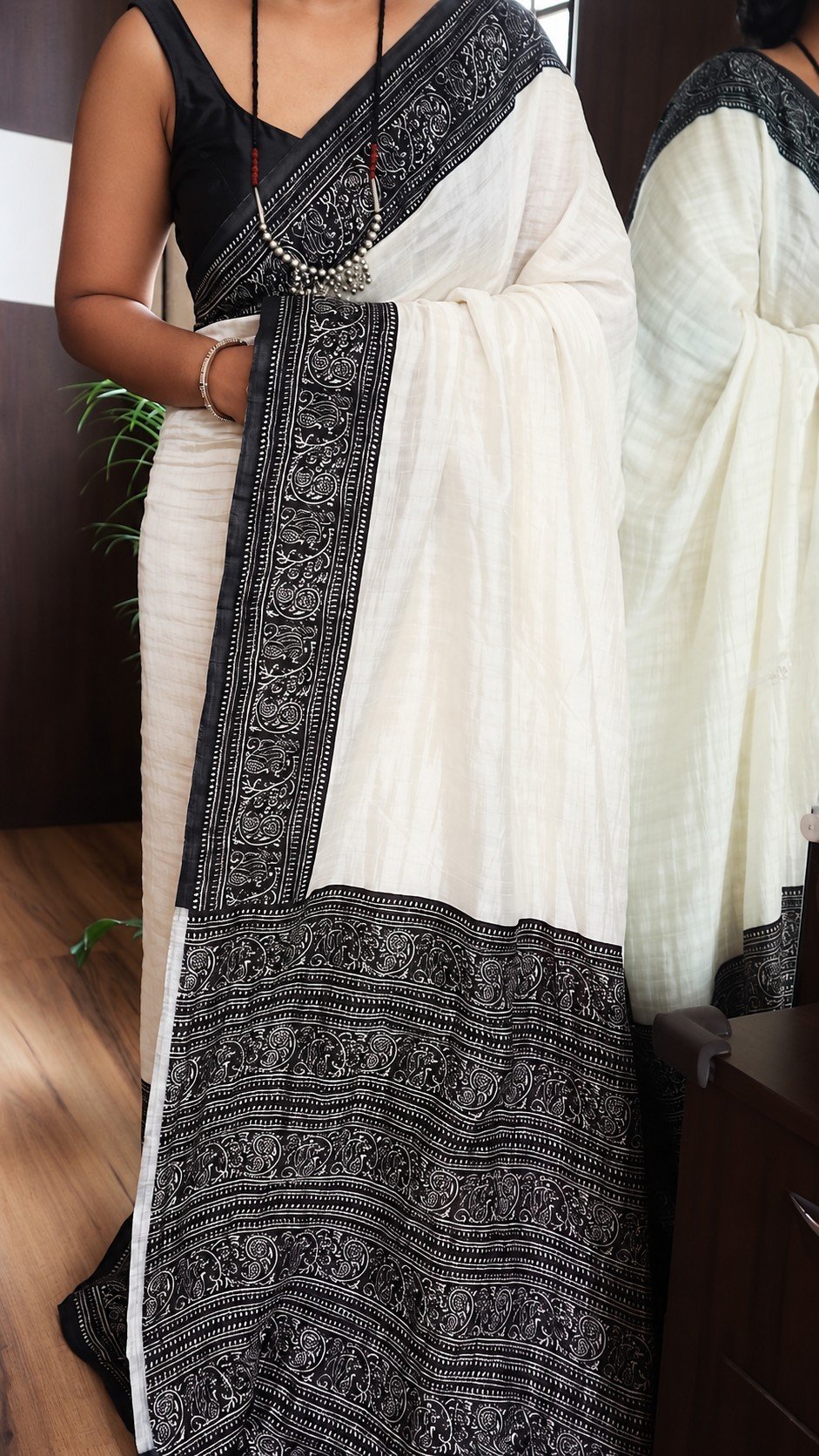 Pure Tussar Silk Kalamkari Block Print Saree 7 Ivory Pure Tussar Silk Kalamkari saree black border full drape