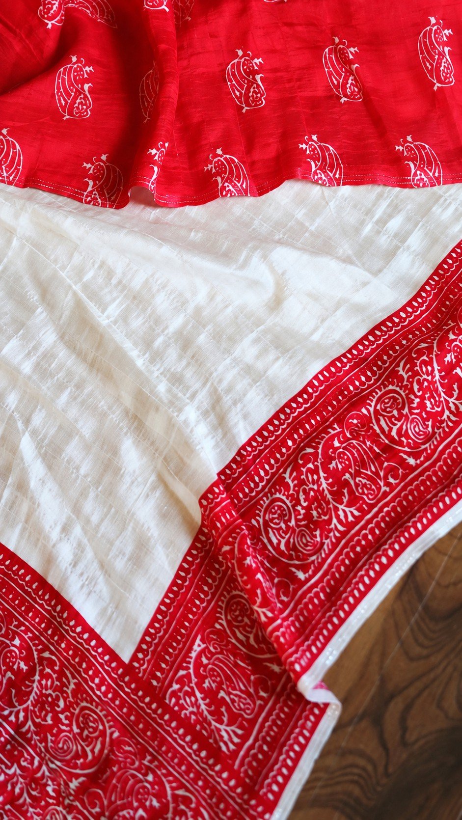 Pure Tussar Silk Kalamkari Block Print Saree 8 Ivory Pure Tussar Silk Kalamkari saree red printed blouse and border detail
