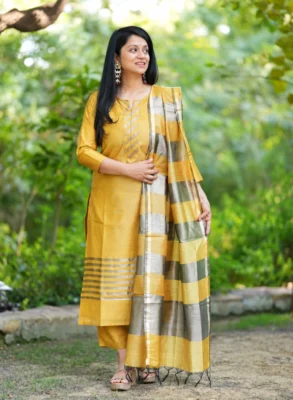 Yellow Banarasi Silk Suit Set with Zari Dupatta 11 Yellow Banarasi silk suit set with matching pants and striped zari dupatta