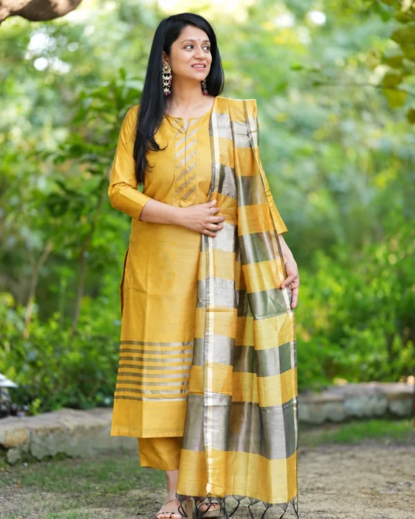 Yellow Banarasi silk suit set with matching pants and striped zari dupatta