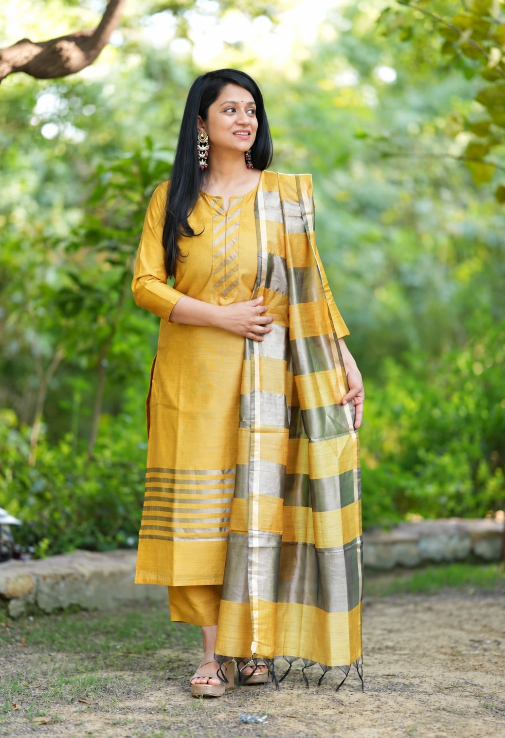 Yellow Banarasi Silk Suit Set with Zari Dupatta 1 Yellow Banarasi silk suit set with matching pants and striped zari dupatta
